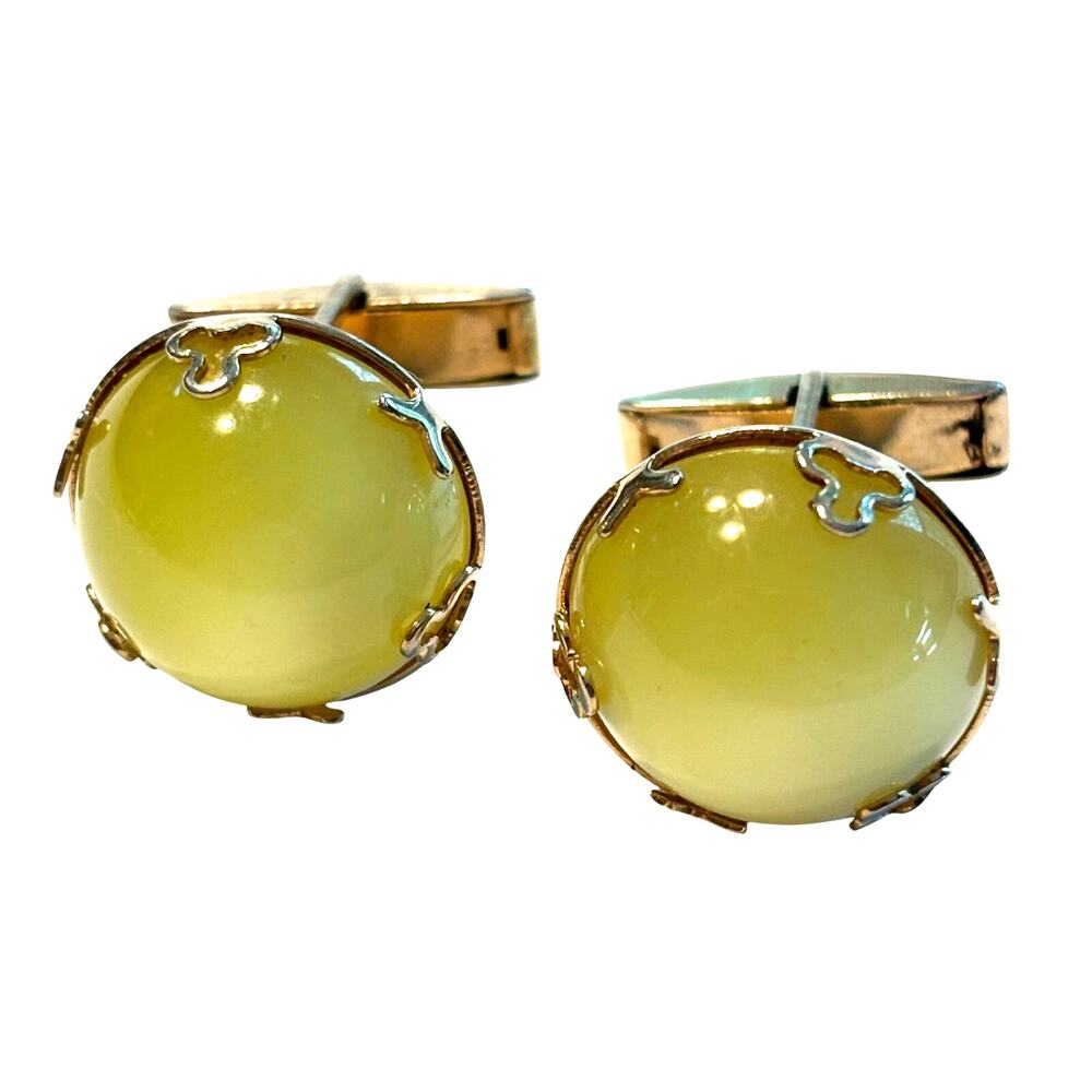 Vintage mid century gold cufflinks yellow Lucite lemon drop moonglow bead center